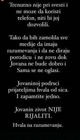 Zdravlje Jovane Cvijanović je ugroženo, nije pri svesti